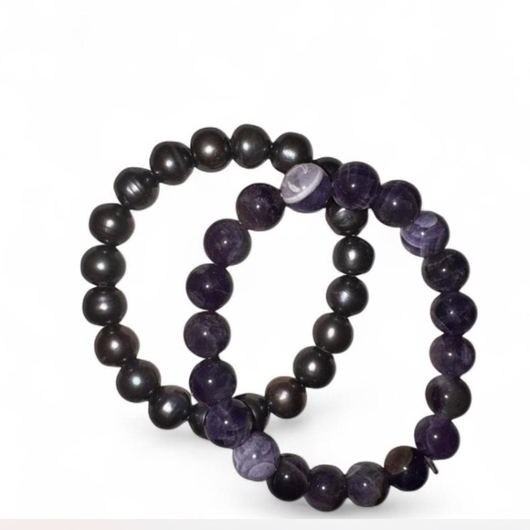 unbranded Jewelry - Amethyst & Black Bead Stretch Bracelet Set